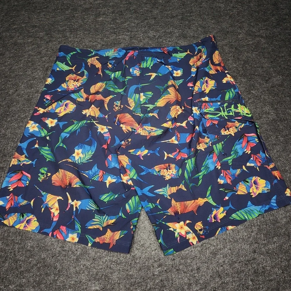 Salt Life Mens SLX-QD Vapor Stretch Cargo Board Swim Shorts Floral Fish Skull 40